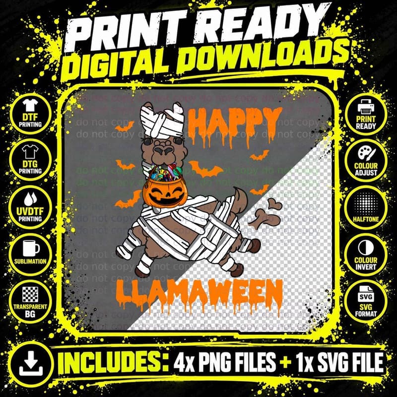 Llamaween Mummy Llama T-Shirt, Halloween Costume Png SVG Digital Bundle