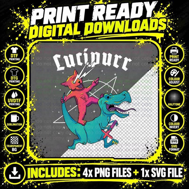 Lucipurr Satanic Cat Riding Trex T-Shirt Png SVG Digital Bundle