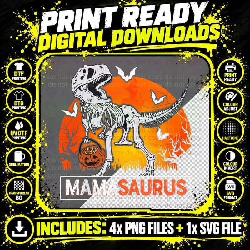 Mamasaurus Halloween Mama Dinosaur Skeleton T Rex Scary Png SVG Digital Bundle