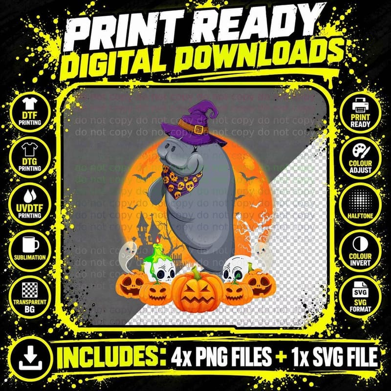 Manatee Lover Scary Pumpkin Skull Witch Manatee Png SVG Digital Bundle
