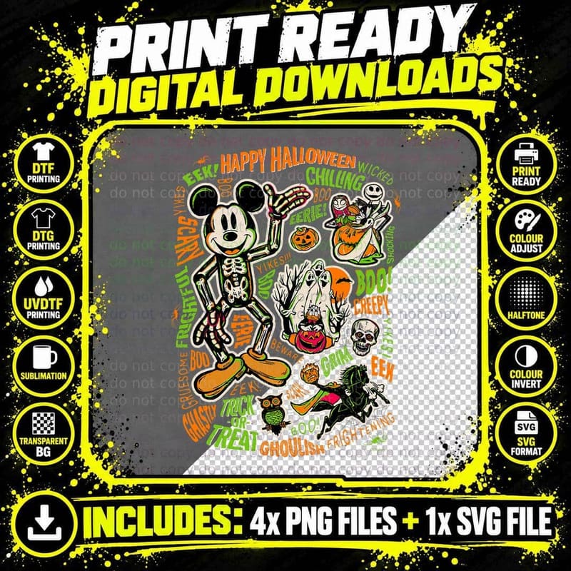 Mickey Halloween Skeleton T-Shirt, Spooky Halloween Print Png SVG Digital Bundle