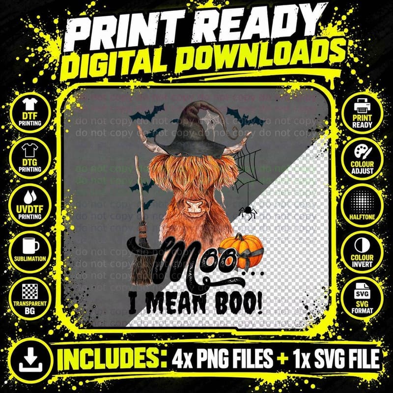 Moo I Mean Boo Witch Scottish Highland Cow Halloween Png SVG Digital Bundle