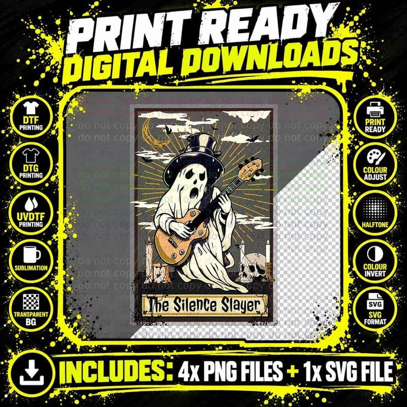 Musician Rocker Guitar Halloween Ghost Tarot Card Retro Png SVG Digital Bundle