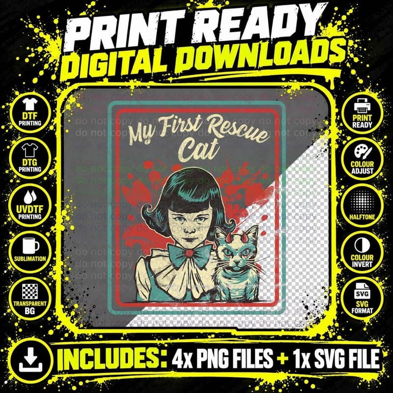 My First Rescue Cat T-Shirt, Vintage Horror, Dark Humor Png SVG Digital Bundle