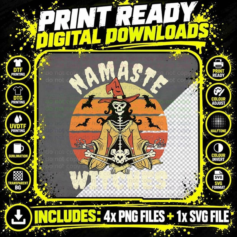 Namaste Witches Meditating Skeleton Yoga Halloween Png SVG Digital Bundle