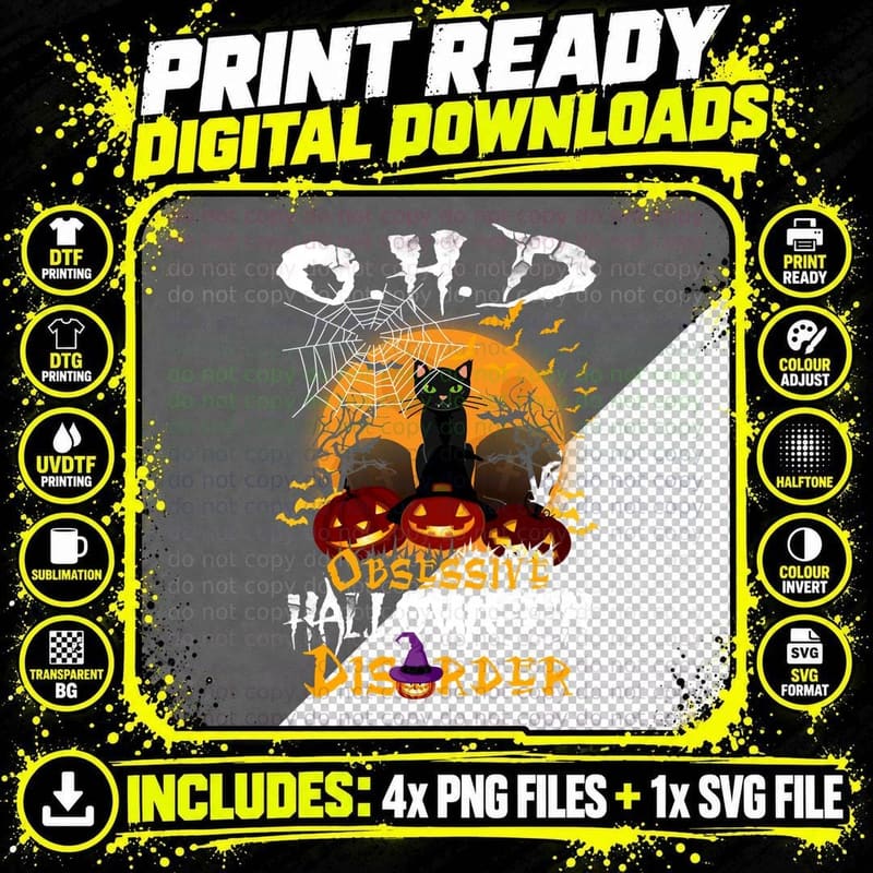 Obsessive Halloween Cat T-Shirt, Spooky Cat Print Png SVG Digital Bundle