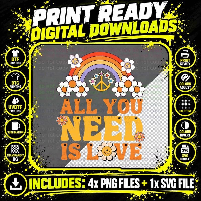 PEACE SIGN LOVE 60s 70s Tie Dye Hippie Costume Halloween Png SVG Digital Bundle