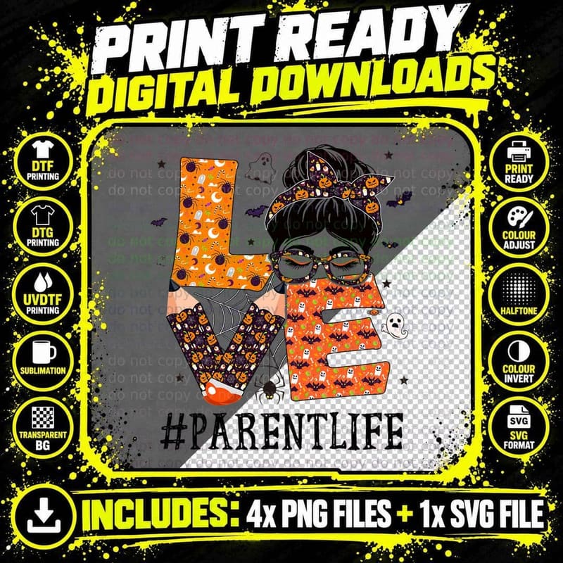 Parent Love Messy Bun Pumpkin Orange Women Halloween Png SVG Digital Bundle