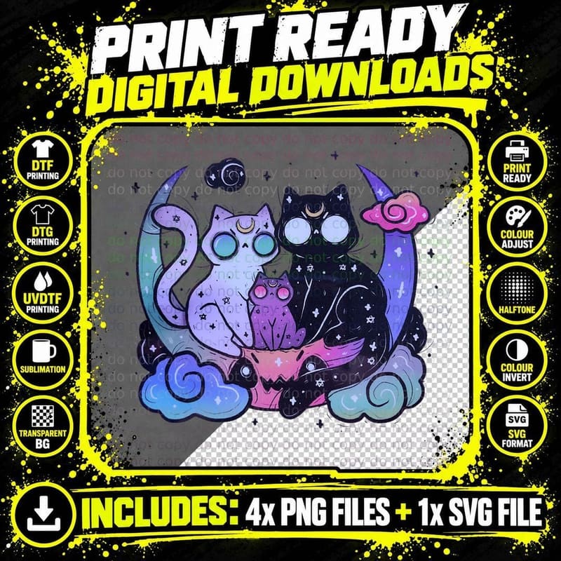 Pastel Goth Aesthetic Cat Kawaii Creepy Alien Moon Cats Png SVG Digital Bundle
