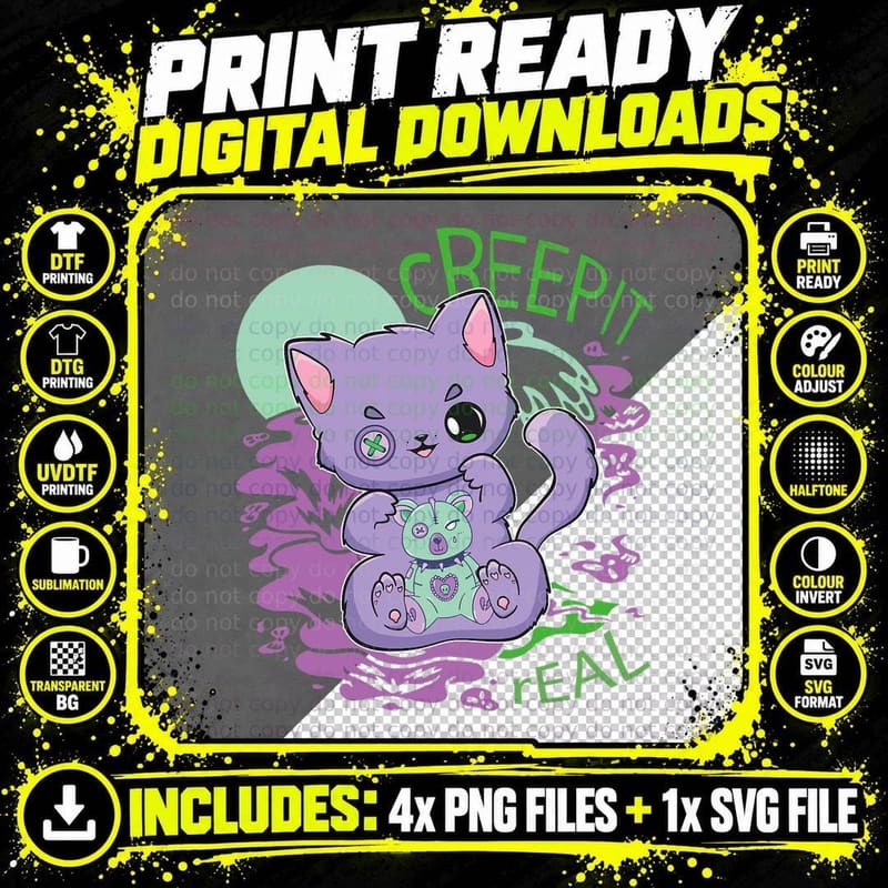 Pastel Goth Cat and Horror Teddy Bear T-Shirt Png SVG Digital Bundle