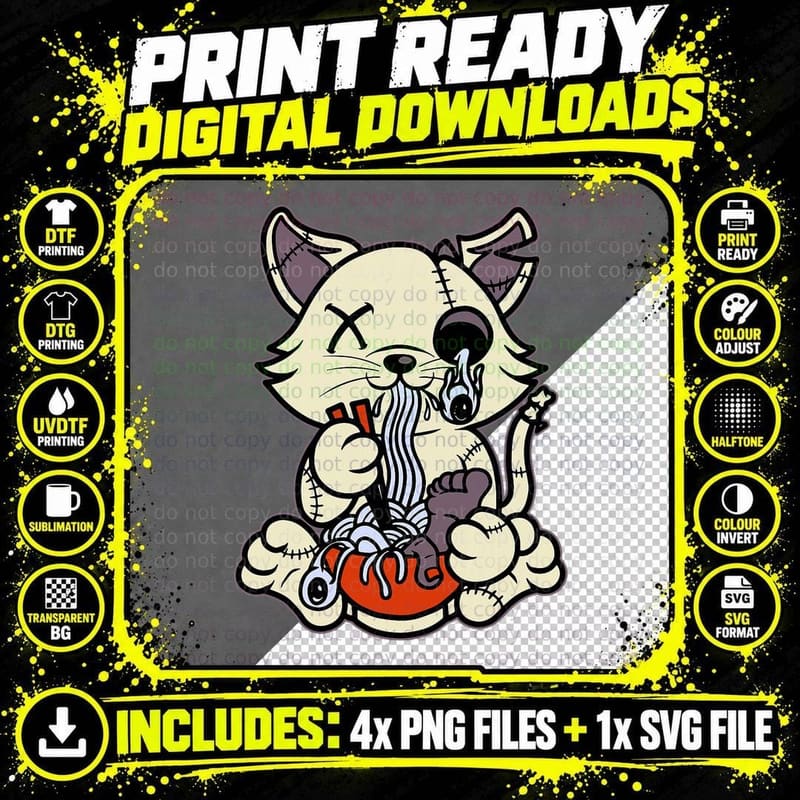 Pastel Goth Kawaii Cat with Ramen Halloween T-Shirt Png SVG Digital Bundle