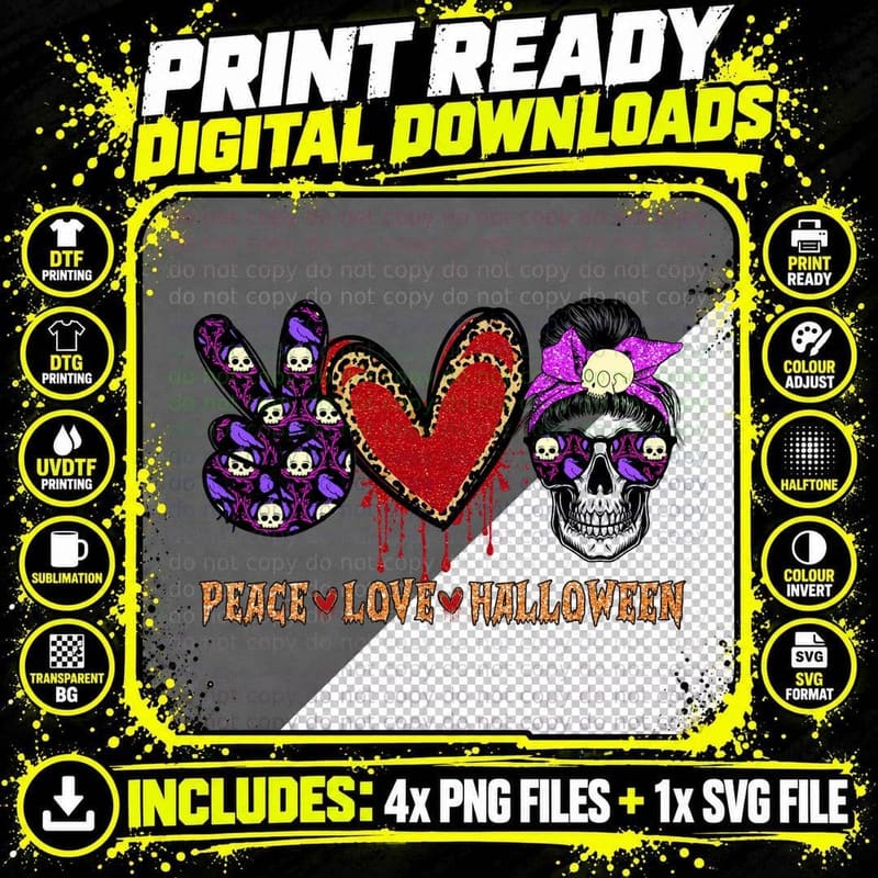 Peace Love Halloween T-Shirt, Gothic Halloween Print Png SVG Digital Bundle