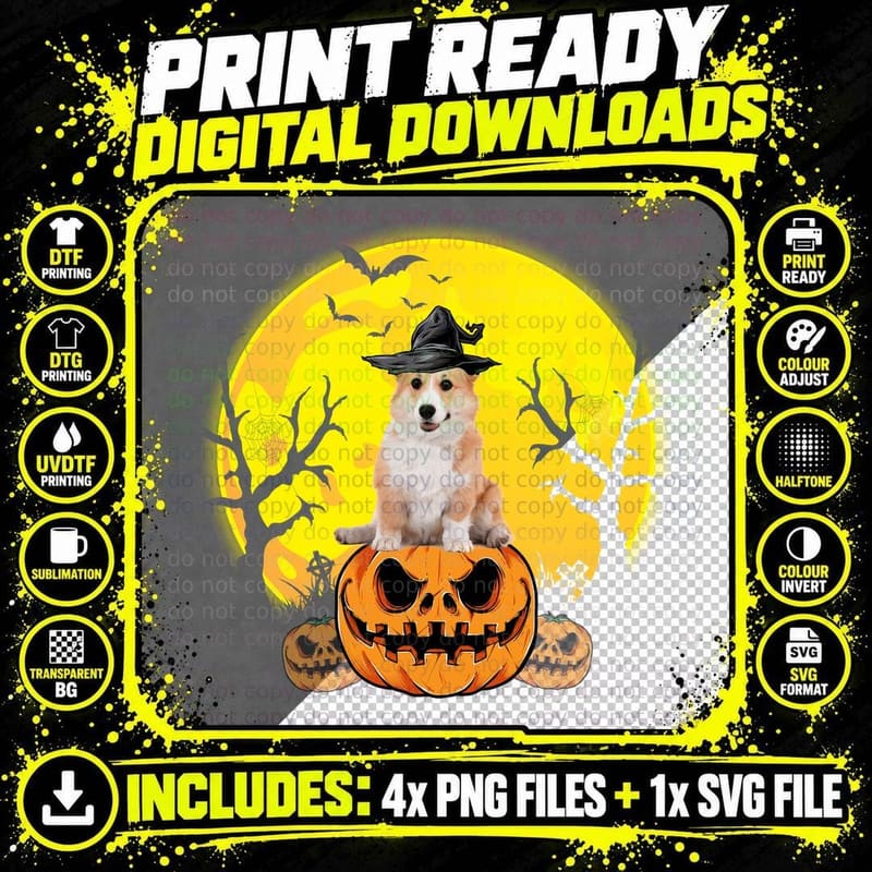Pembroke Welsh Corgi Halloween Witch Hat T-Shirt Png SVG Digital Bundle