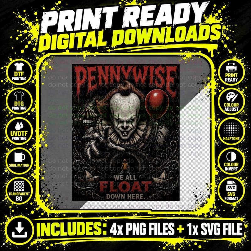 Pennywise Killer Clown T-Shirt, Vintage Horror Movie It Png SVG Digital Bundle
