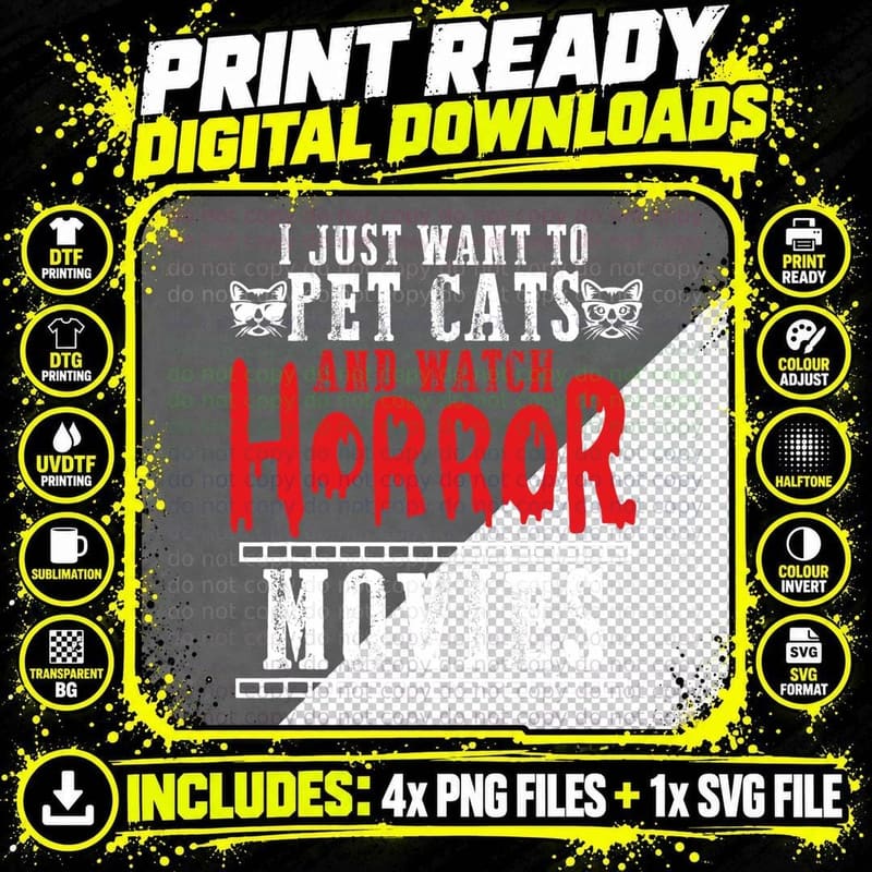 Pet Cats Watch Horror Movies T-Shirt, Funny Sarcasm Png SVG Digital Bundle