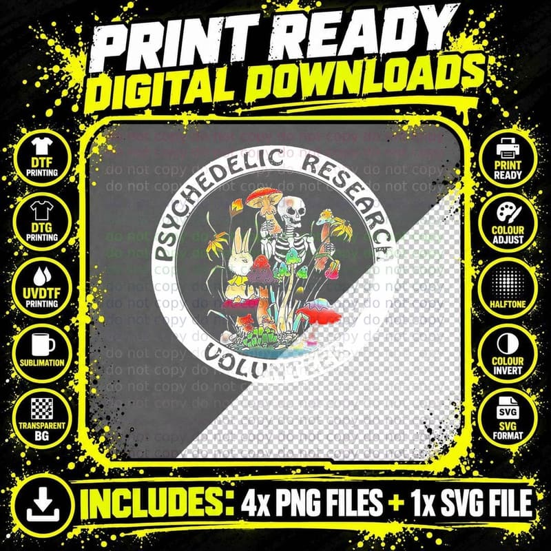 Psychedelic Research Volunr Skeleton Rabbit Mushroom Png SVG Digital Bundle