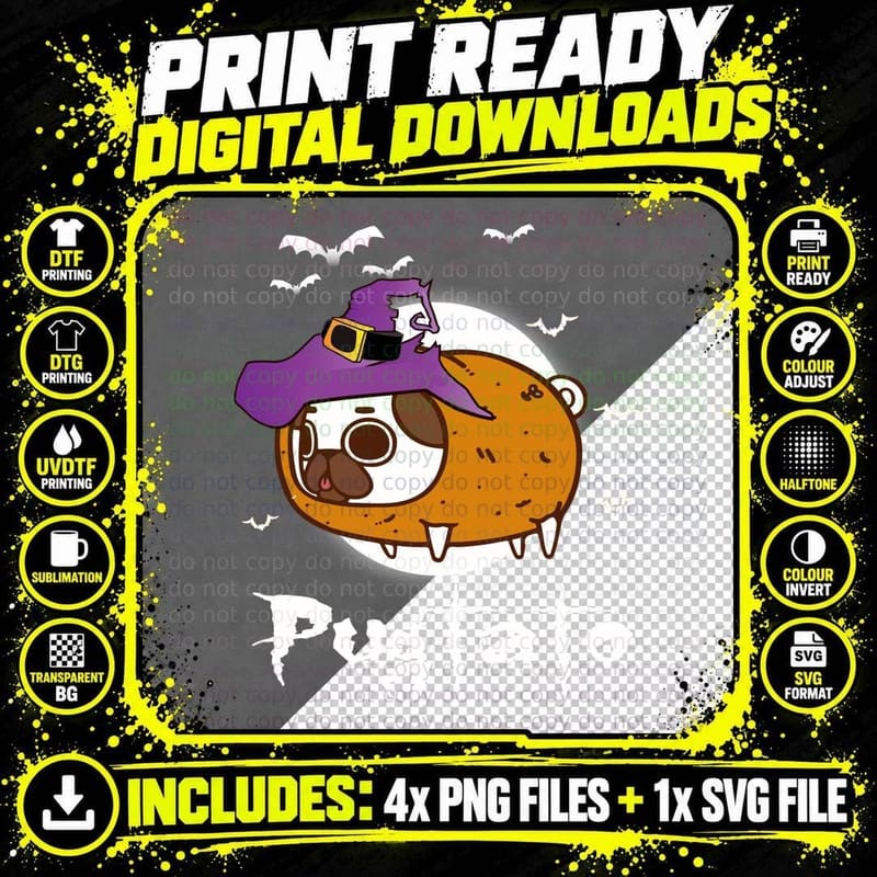 Pugtato Halloween Witch T-Shirt, Spooky Pet Costume Png SVG Digital Bundle