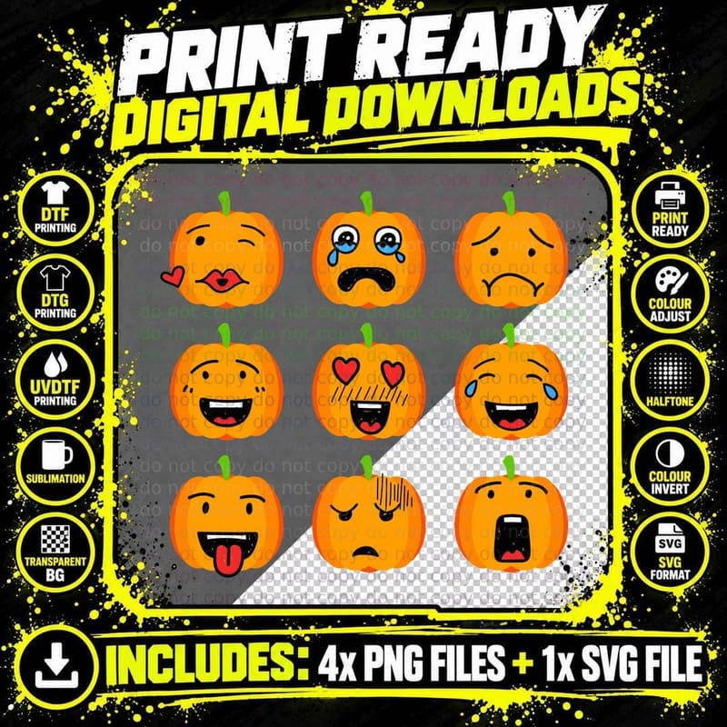 Pumpkin Emoji T-Shirt, Halloween Emoji Print Png SVG Digital Bundle
