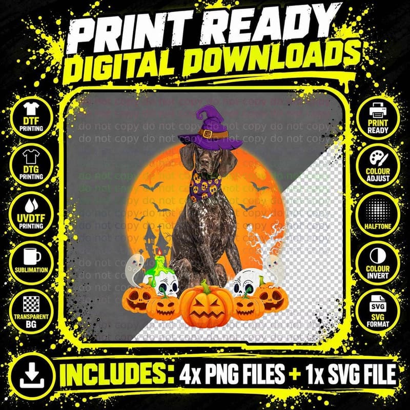 Pumpkin Skull Witch German Shorthaired Pointer Dog Png SVG Digital Bundle