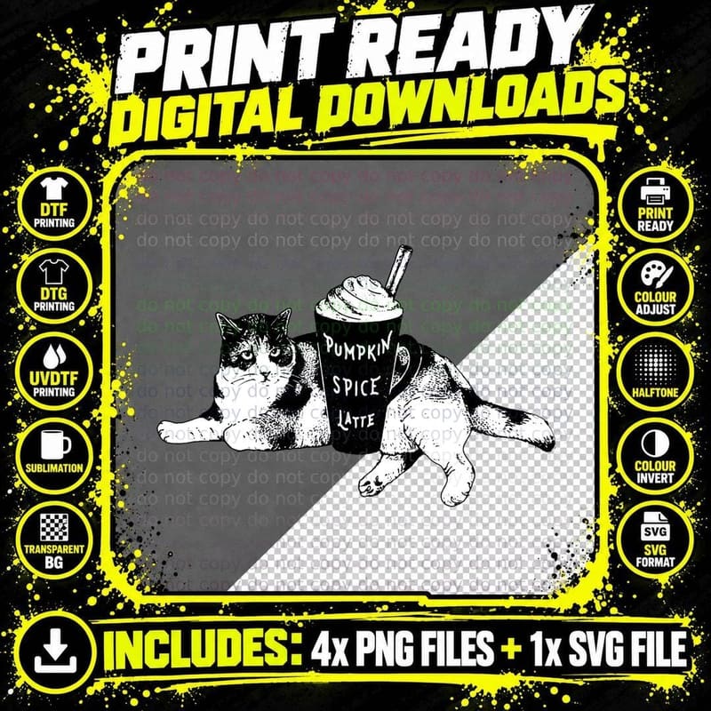 Pumpkin Spice Latte Cat T-Shirt Png SVG Digital Bundle