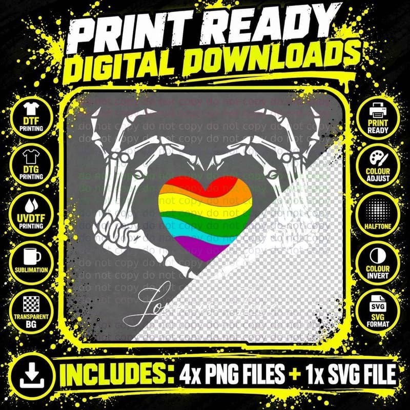 Rainbow Skeleton Heart Love Is Love LGBT Gay Lesbian Png SVG Digital Bundle