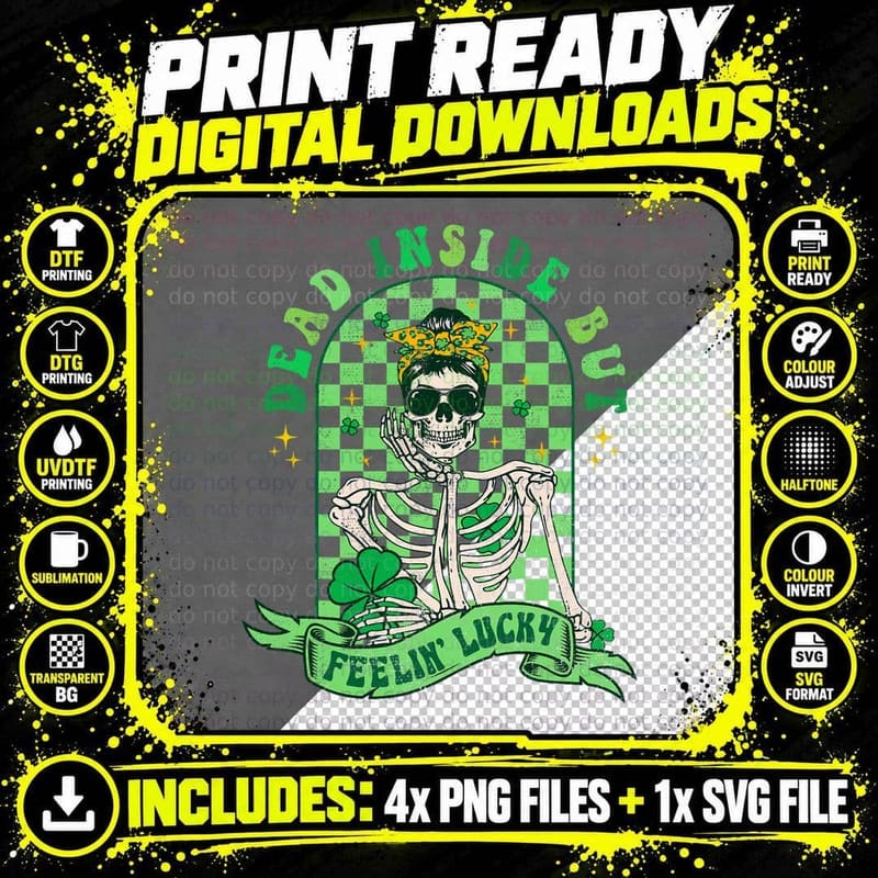 Retro St Patricks Day Skeleton Dead Inside but Feeling Png SVG Digital Bundle