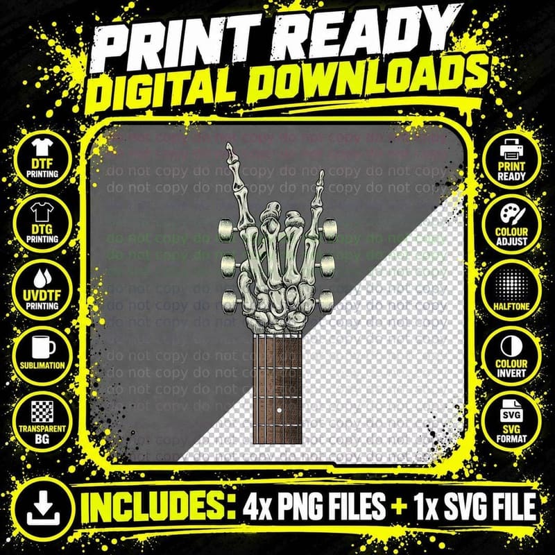 Rock on Skeleton Hand Guitar Rock & Roll Men Women Rock Png SVG Digital Bundle