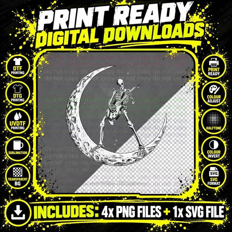 Rock on Skeleton Moon Rock and Roll Funny Halloween Png SVG Digital Bundle