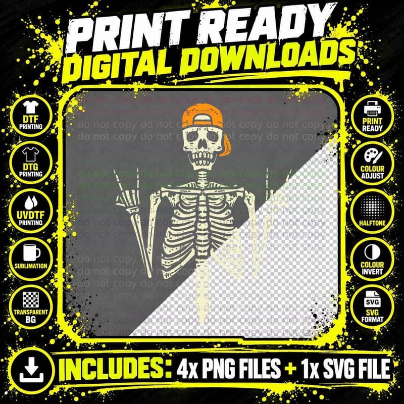 Rocker Skeleton Cap Skater Cool Halloween Punk Rock Men Png SVG Digital Bundle