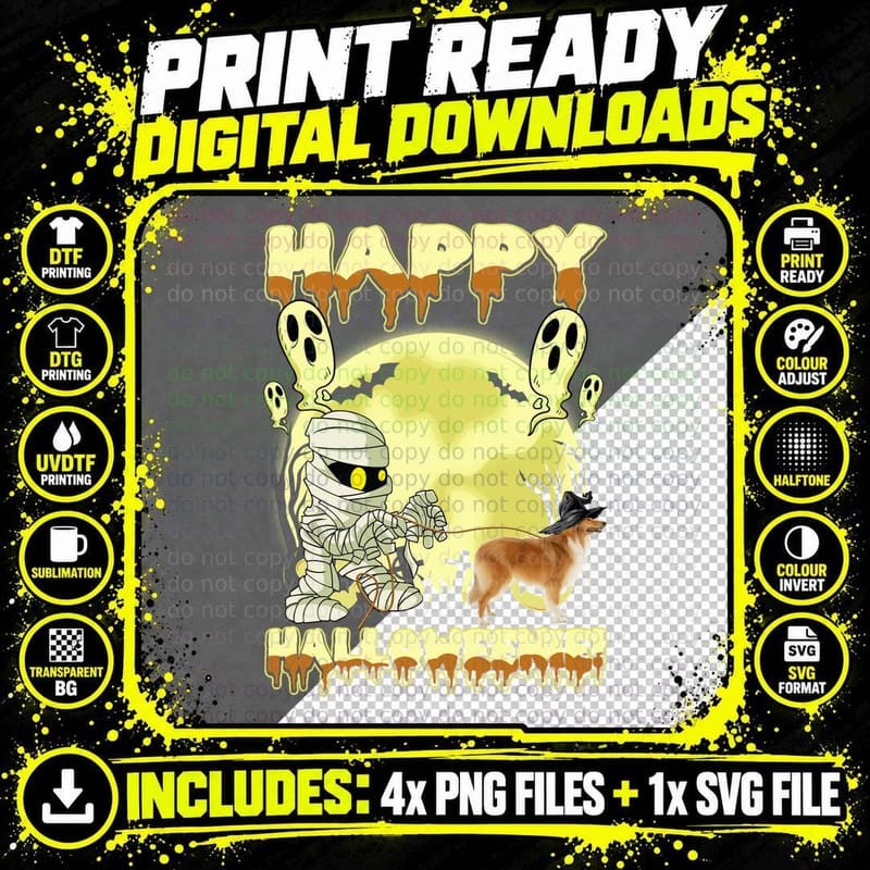 Rough Collie Halloween Mummy T-Shirt, Spooky Pet Costume Png SVG Digital Bundle
