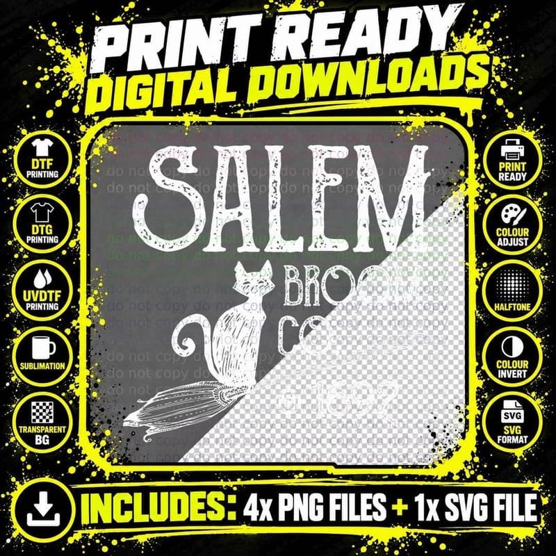 Salem Broom Co. Cute Witch Trials 1692 Halloween T-Shirt Png SVG Digital Bundle