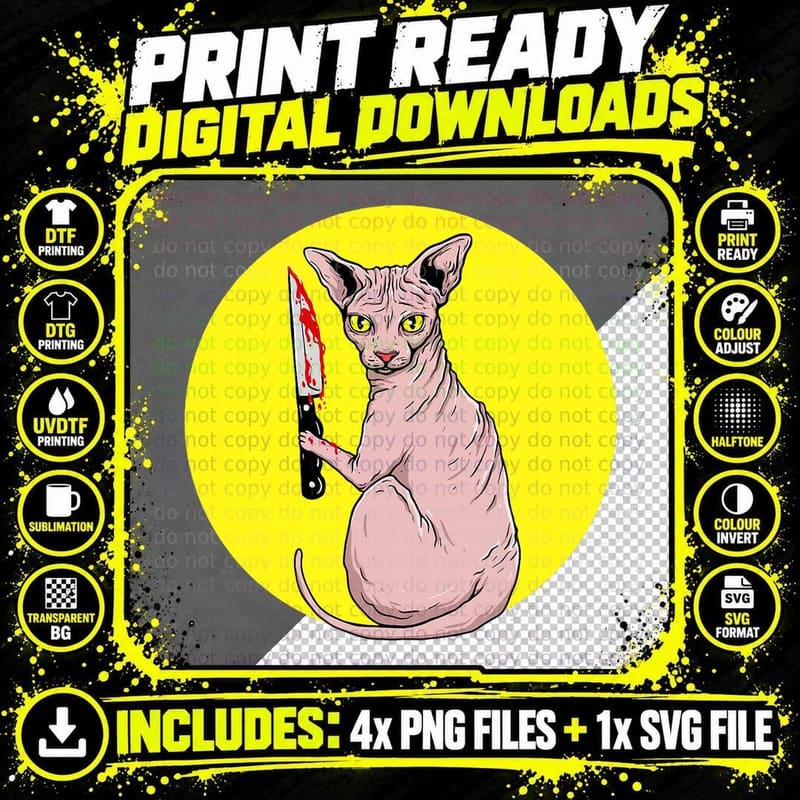 Scary Cat T-Shirt, Horror Cat Design, Halloween Apparel Png SVG Digital Bundle
