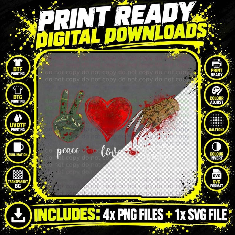 Scary Horror Movie Heart Blood Peace Love Horror Movies Png SVG Digital Bundle