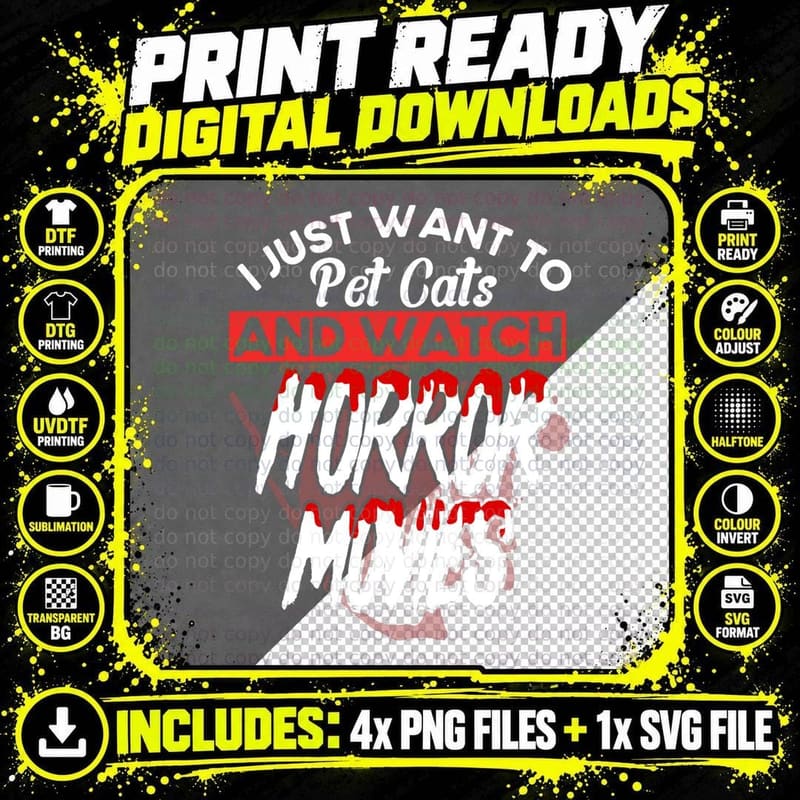 Scary Horror Movie Pet Cats and Watch Horror Movies Png SVG Digital Bundle
