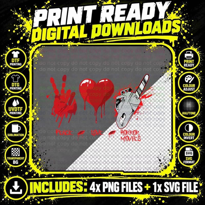 Scary Peace Love Horror Movies Chain Saw Heart T-Shirt Png SVG Digital Bundle