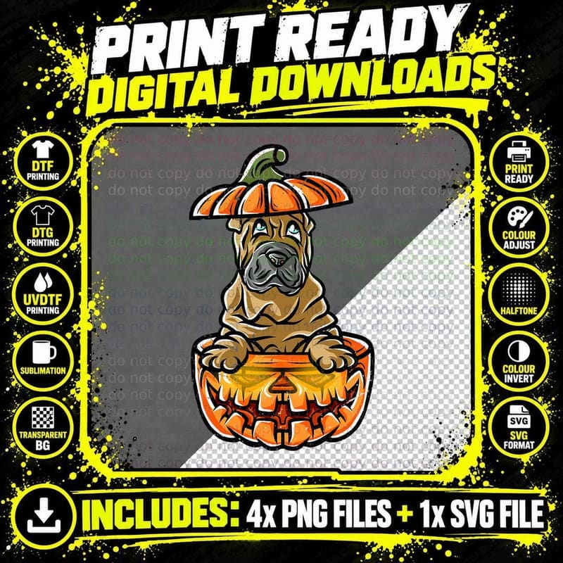 Shar Pei Happy Halloween Costume Trick or Treat Pumpkin Png SVG Digital Bundle