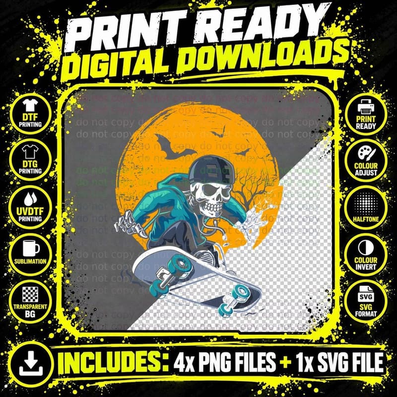 Skateboard Skeleton T-Shirt, Halloween Horror Style Png SVG Digital Bundle