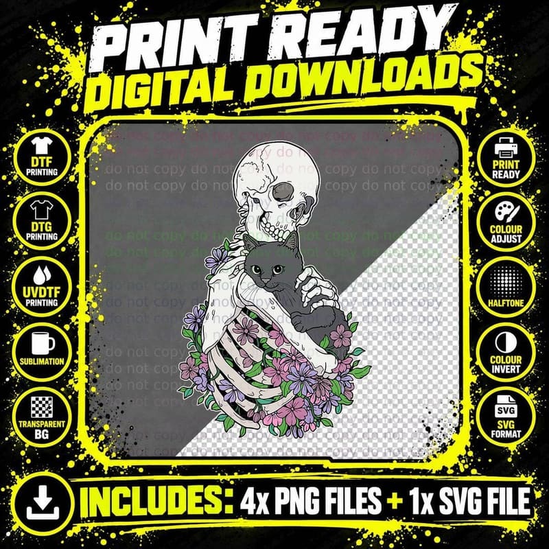 Skeleton Cat Skull Kitty Cute Goth Halloween Men Women Png SVG Digital Bundle