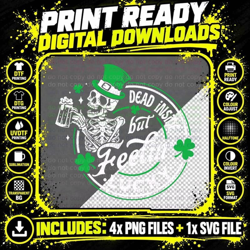 Skeleton Dead Inside but Feeling Lucky Retro St Patricks Png SVG Digital Bundle