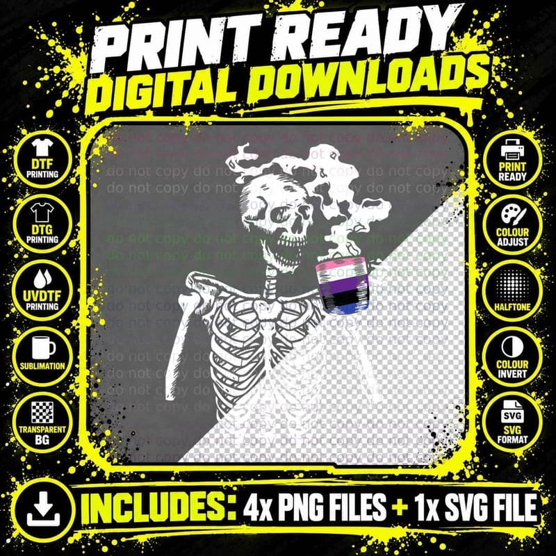 Skeleton Drinking Coffee Gender-Fluid Pride Skull LGBTQ Png SVG Digital Bundle