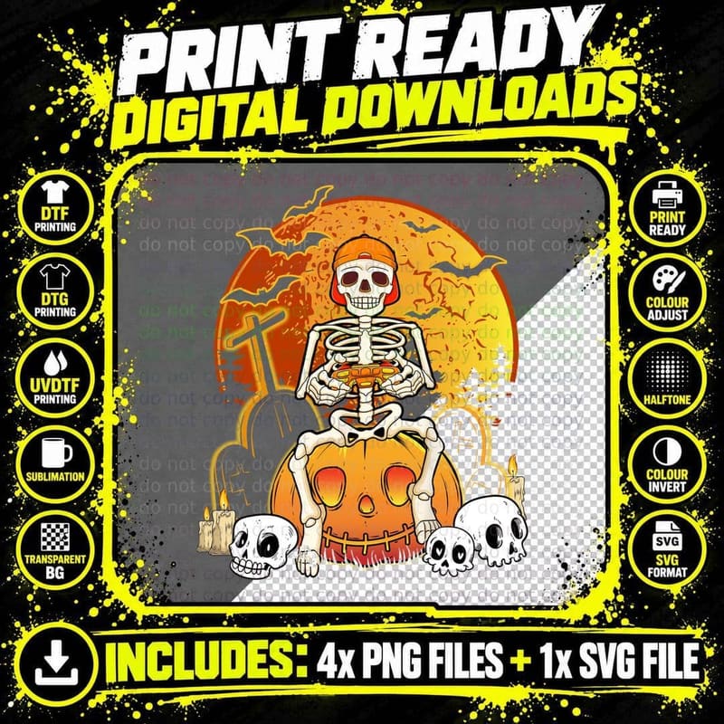 Skeleton Gamer T-Shirt, Halloween Gaming Png SVG Digital Bundle