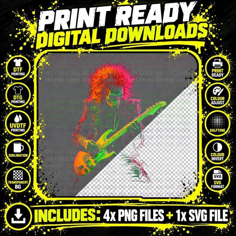 Skeleton Graphic Tee Playing Guitar Rock Band Halloween Png SVG Digital Bundle