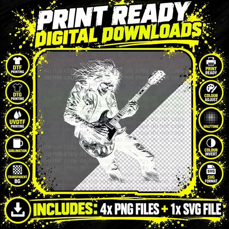 Skeleton Guitar Guy Rock and Roll Band Rock on T-Shirt Png SVG Digital Bundle