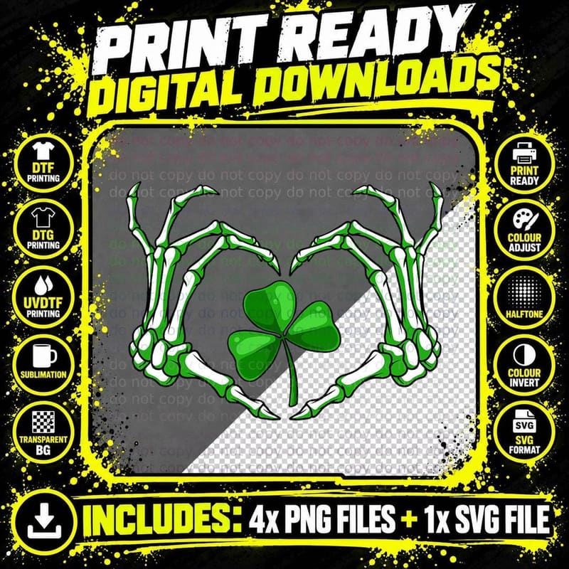 Skeleton Hand Heart Shamrock St Patricks Day Saint Png SVG Digital Bundle