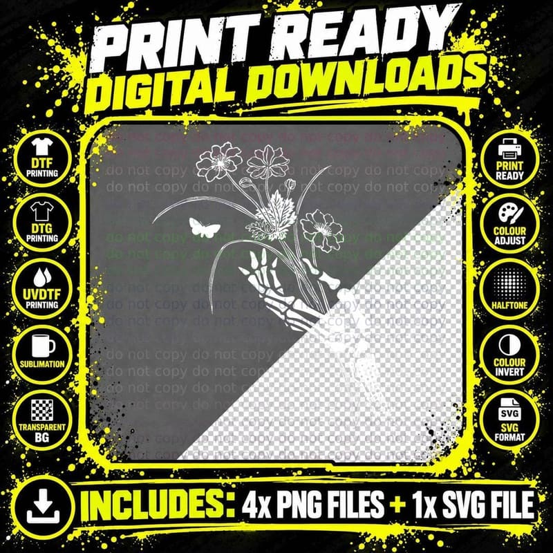 Skeleton Hand Holding Flowers Folkloric Wiccan Nature Png SVG Digital Bundle