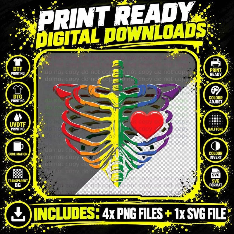 Skeleton Heart Rainbow Gay Pride LGBTQ LGBT Pride Month Png SVG Digital Bundle