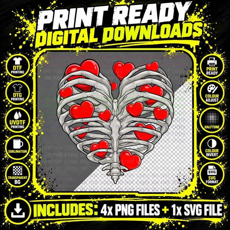 Skeleton Heart Rib Cage X-Ray Adult Kids Funny Valentine Png SVG Digital Bundle