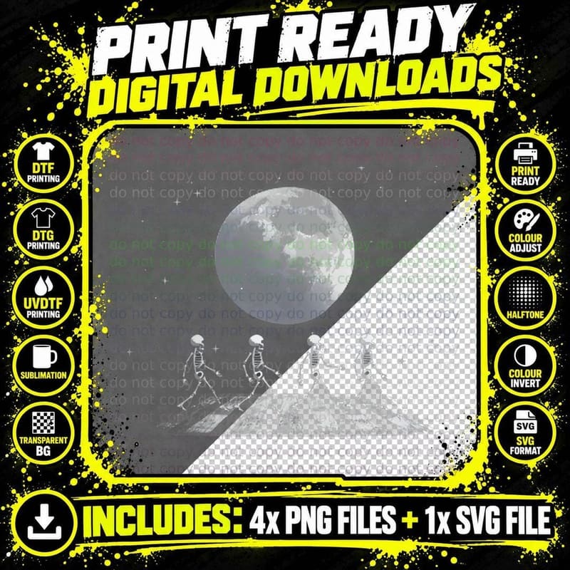 Skeleton Moon Band Tees Funny Rock Concert Halloween Png SVG Digital Bundle