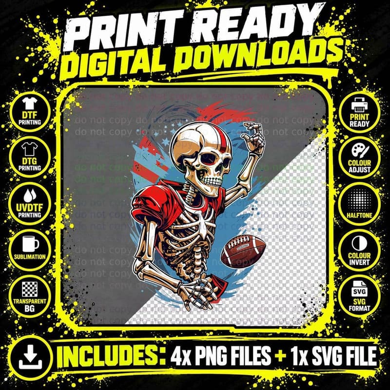 Skeleton Playing American Football Abstract Graphic Png SVG Digital Bundle