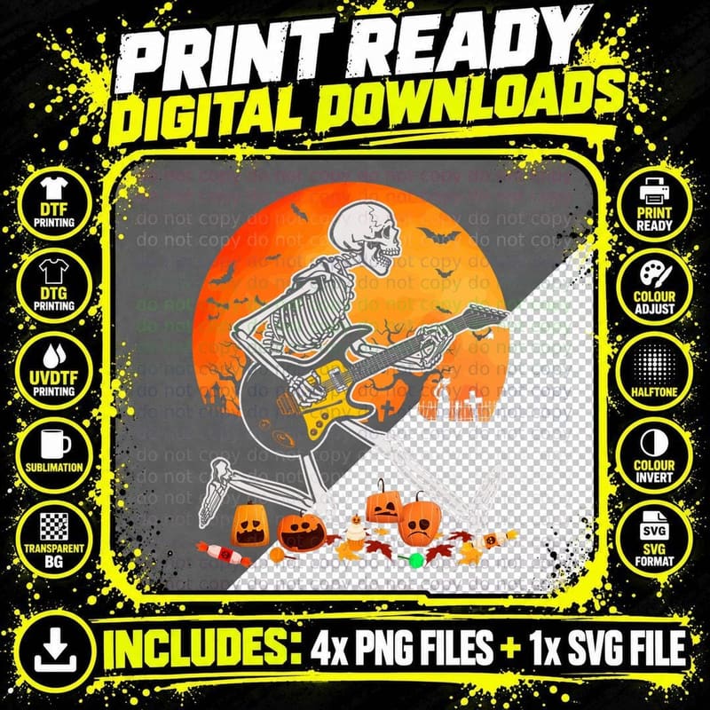 Skeleton Playing Bass Guitar Halloween Electric Acoustic Png SVG Digital Bundle